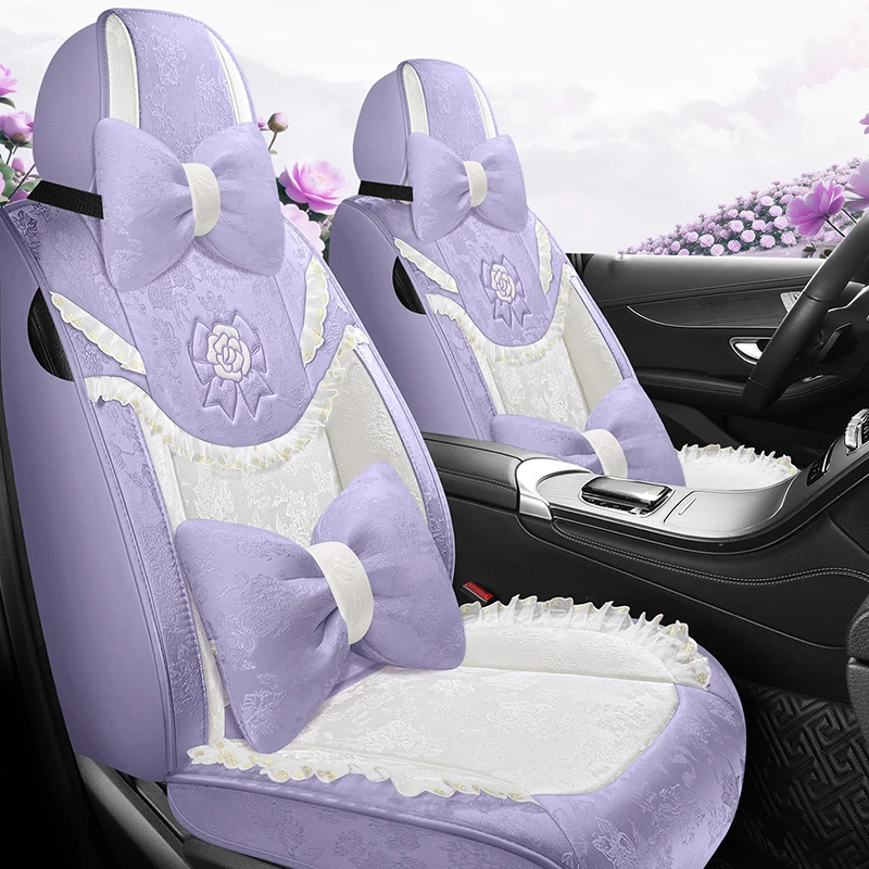 NEW Cute Car Seat Cover Women Universal Breathable Puff Fabric Bowknot/Flower Pink Interior Protector Auto Accessories Pillow