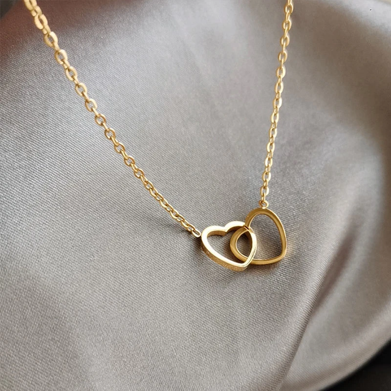 Personalized Simple Double Heart Choker Necklace For Women Hollow Heart Pendants Necklace Clavicle Chain Girl Gifts Jewelry