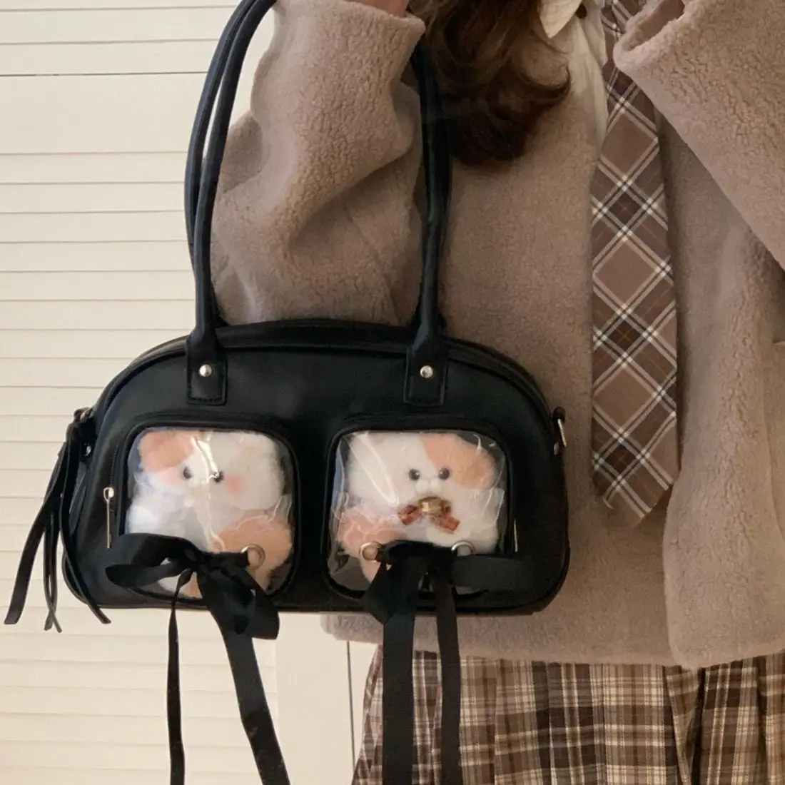 

HAEX Vintage PU Women Ita Bags 2025 DIY Doll Show Boston Underarm Shoulder Bolso Mujer Ladies Ribbon Bow Daily Commute Handbags