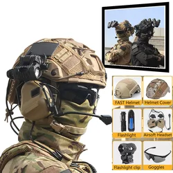 Tactical Airsoft Paintball Helmet set, with Military Noise-Cancelling Headset, Goggles, Flashlights, for Outdoor Hunting Cosplay