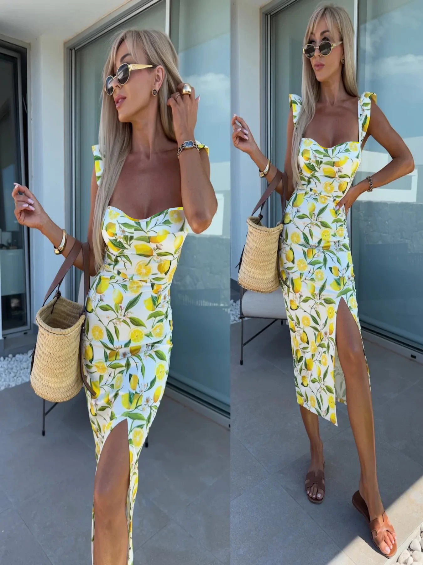 New European and American Summer Elegant Design French Lemon Suspender Slit Midi-Length Ladies Dress