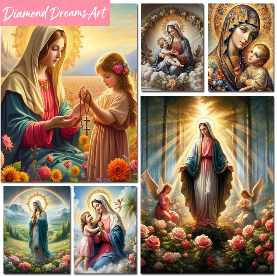 Frameless,Diamond Painting Virgin Mary Flower Diy Full Mosaic Embroidery Rhinestone Kits Religious Icon Blessing Rose Picture Wa