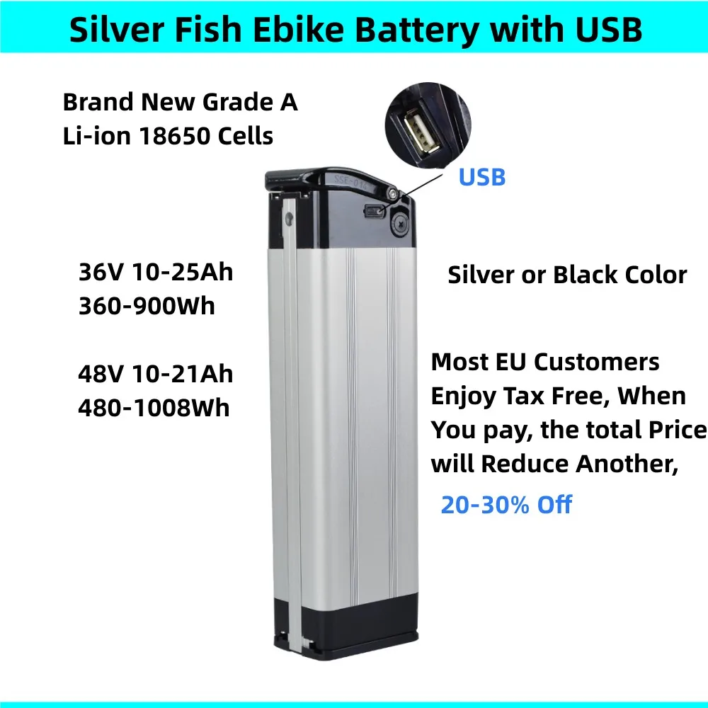 

36V 10Ah 10.4Ah 12.5Ah 13Ah Li-ion Silver Fish Ebike Battery with USB City Bike Folding Bike E-bike Battery Phylion XH370-10J