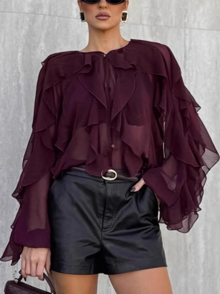 

Tossy Vintage Round Neck Cardigan T-Shirt Top Women See-Through Butterfly Sleeves Commuting Solid Patchwork Ruffled LadiesTop