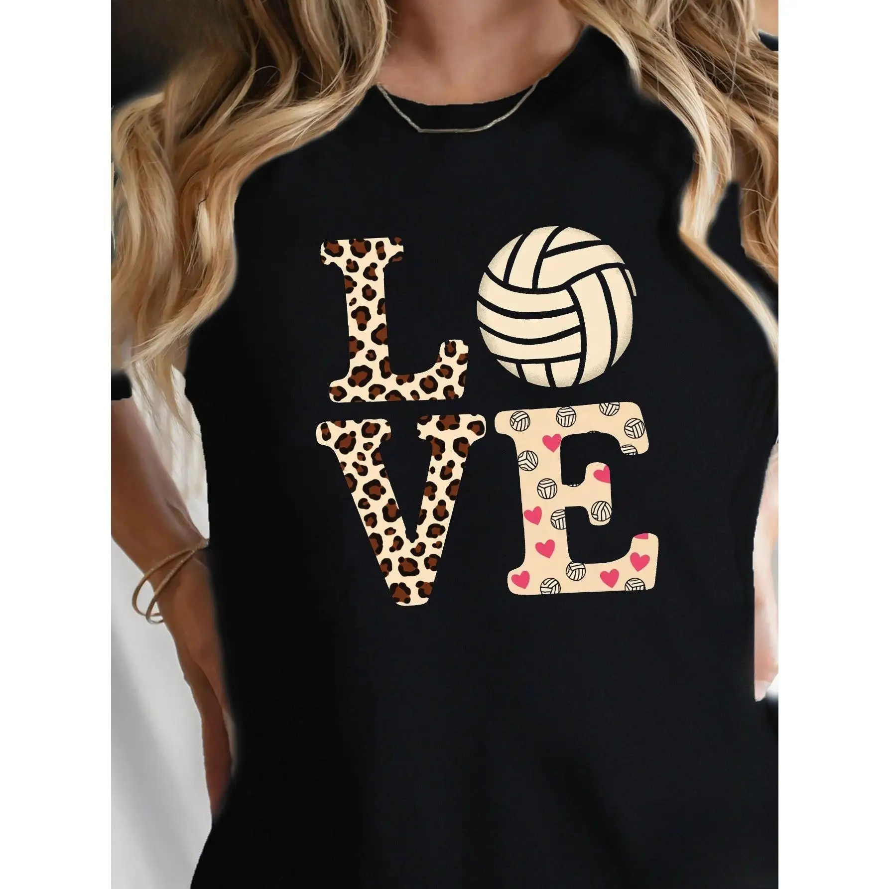 

Volleyball Love T-Shirt for Women, Leopard Print Sport Graphic Tee, Gift for Volleyball Player Coach