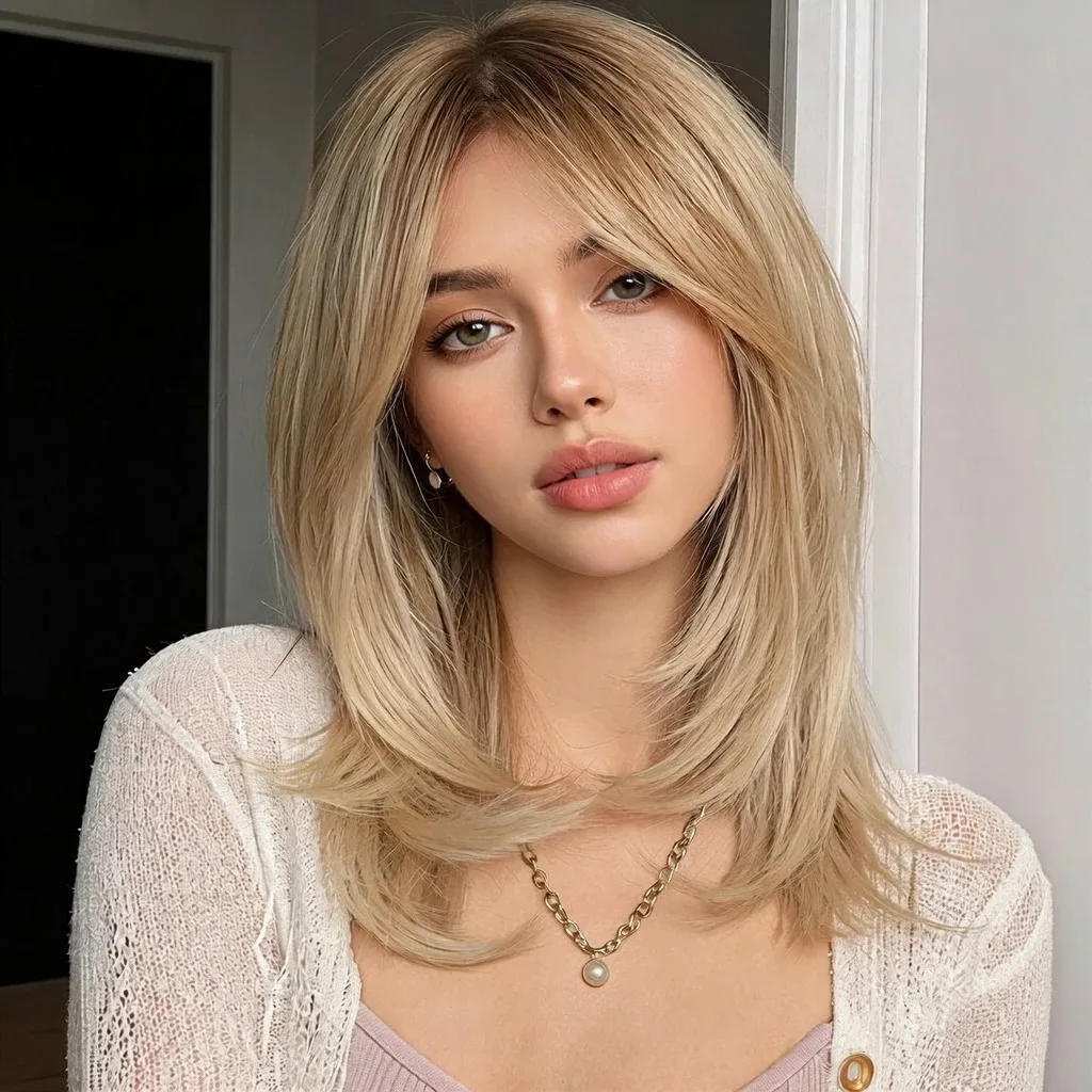 Shoulder Length Blonde Straight Synthetic Wig with Curtain Bangs Heat Resistant Fiber Medium Length Honey Blonde Layered Wig for Woman Suitable for Halloween Cosplay Part Daily Wear