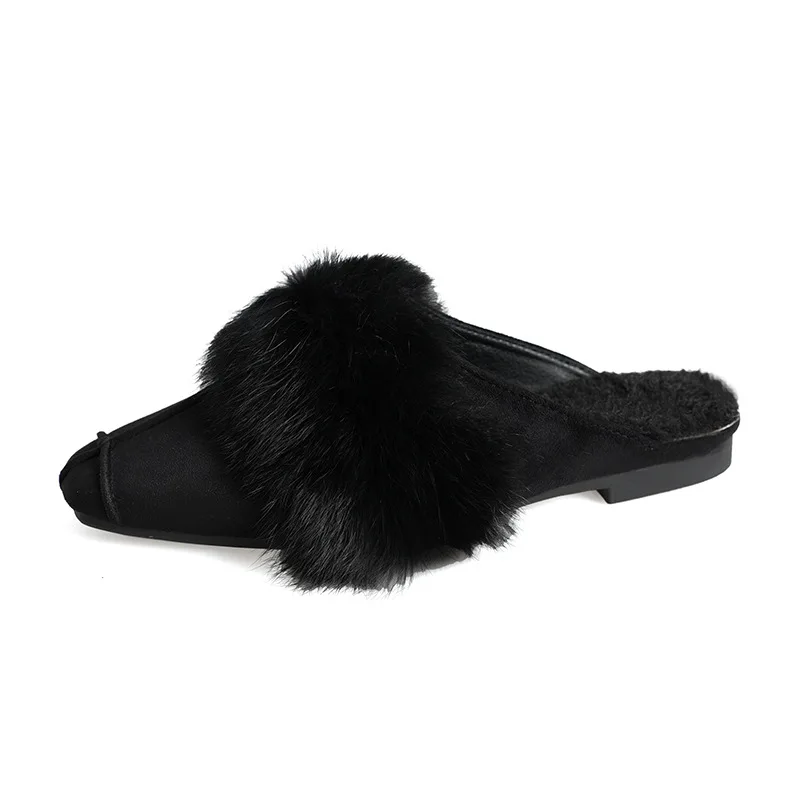 Cute Fur Women Suede Slippers Flats Fashion Casual Mules Shoes Trend Winter Plush Snow Boots Slingback Mujer Zapatos Flip Flops