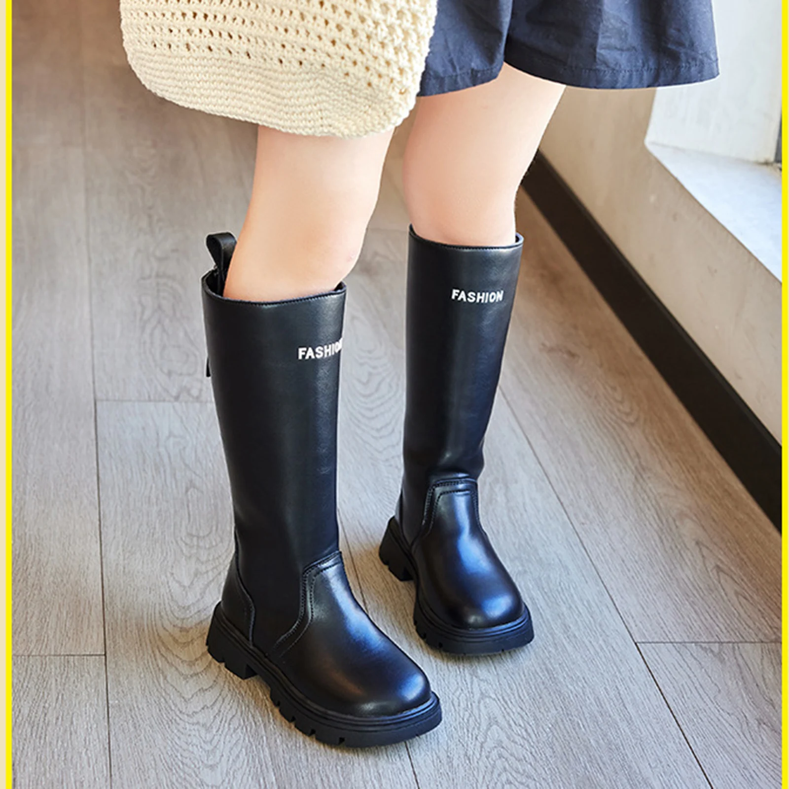 

Kids' Knee-High Boots Black Leather Fashion-Print Pull-On Anti-Slip Toddler Daily Casual 2026 Trendy Stylish Footwear Abito