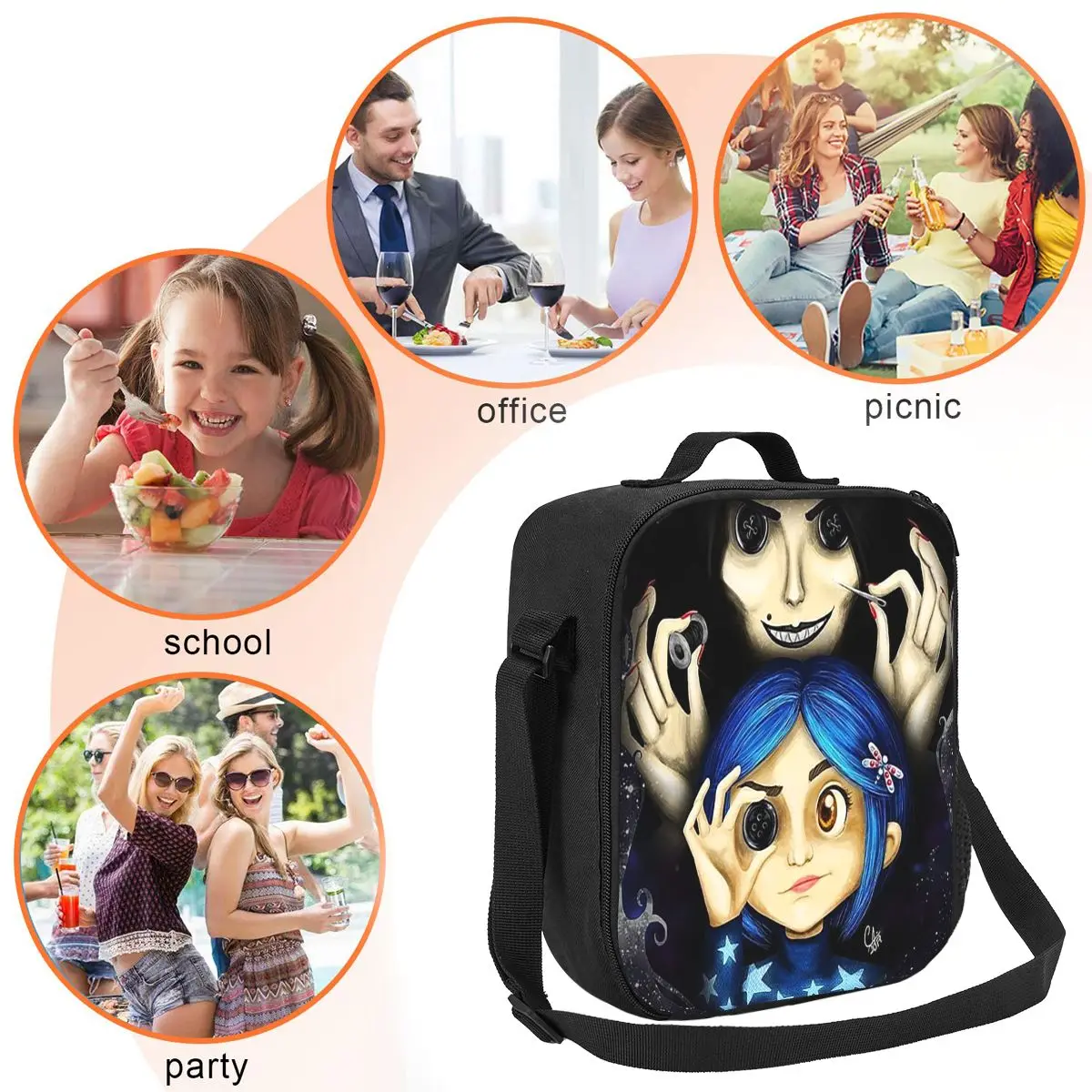 Custom Horror Movie Coraline Lunch Bag uomo donna Thermal Cooler Insulated Lunch Box per la scuola dei bambini