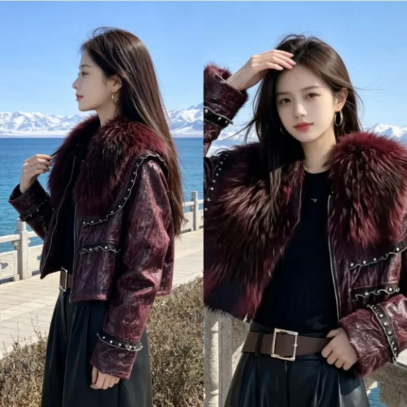 Large Fur Collar, Light Luxury Down Jacket with Textured Leather, Heavy-duty Design, Exuding Noble Demeanor, Winter Warm Coat