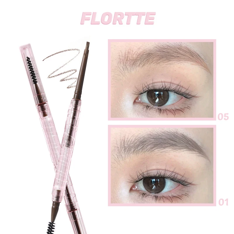 قلم حواجب بزاوية ثلاثي الأبعاد من FLORTTE برأسين طبيعي مقاوم للماء ومقاوم للعرق قالب حريري ناعم بستة ألوان للحواجب #1