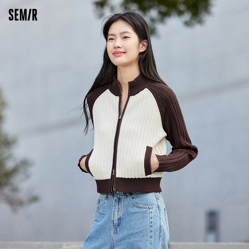 Semir 2024 Knitted Cardigan Women Short Stand-Up Collar Raglan Sleeves 2024 New Spring Temperament Contrasting Loose Sweater