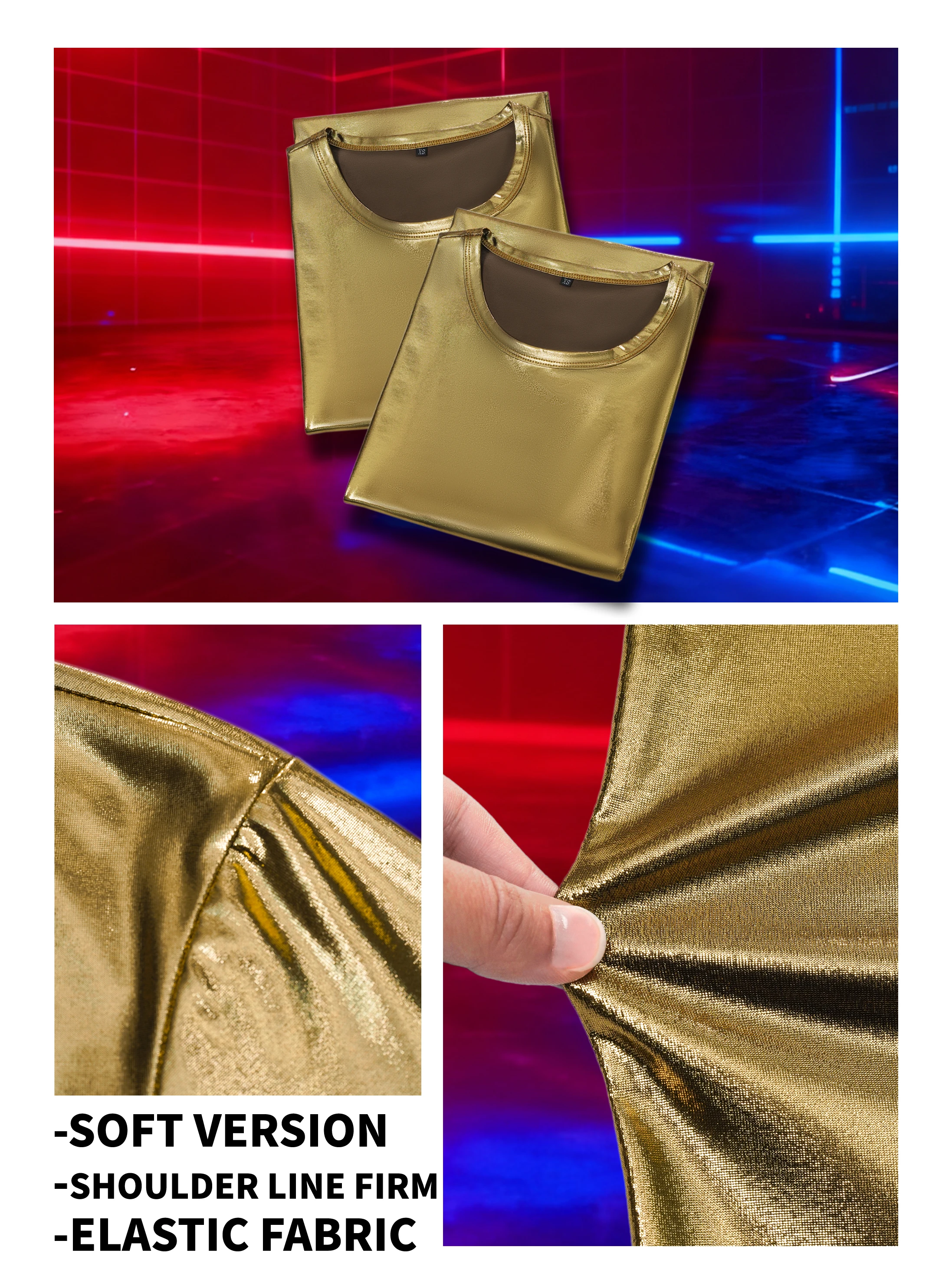 Herren Gold Glänzendes Kurzarm-T-Shirt, Party, Sport, Modisches Freizeit-Oberteil – Detail 9