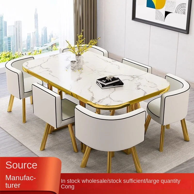 Small Simple Modern Rectangular Dining Table 6-Seater Conference and Negotiating Office Reception Home Furniture with Chairs