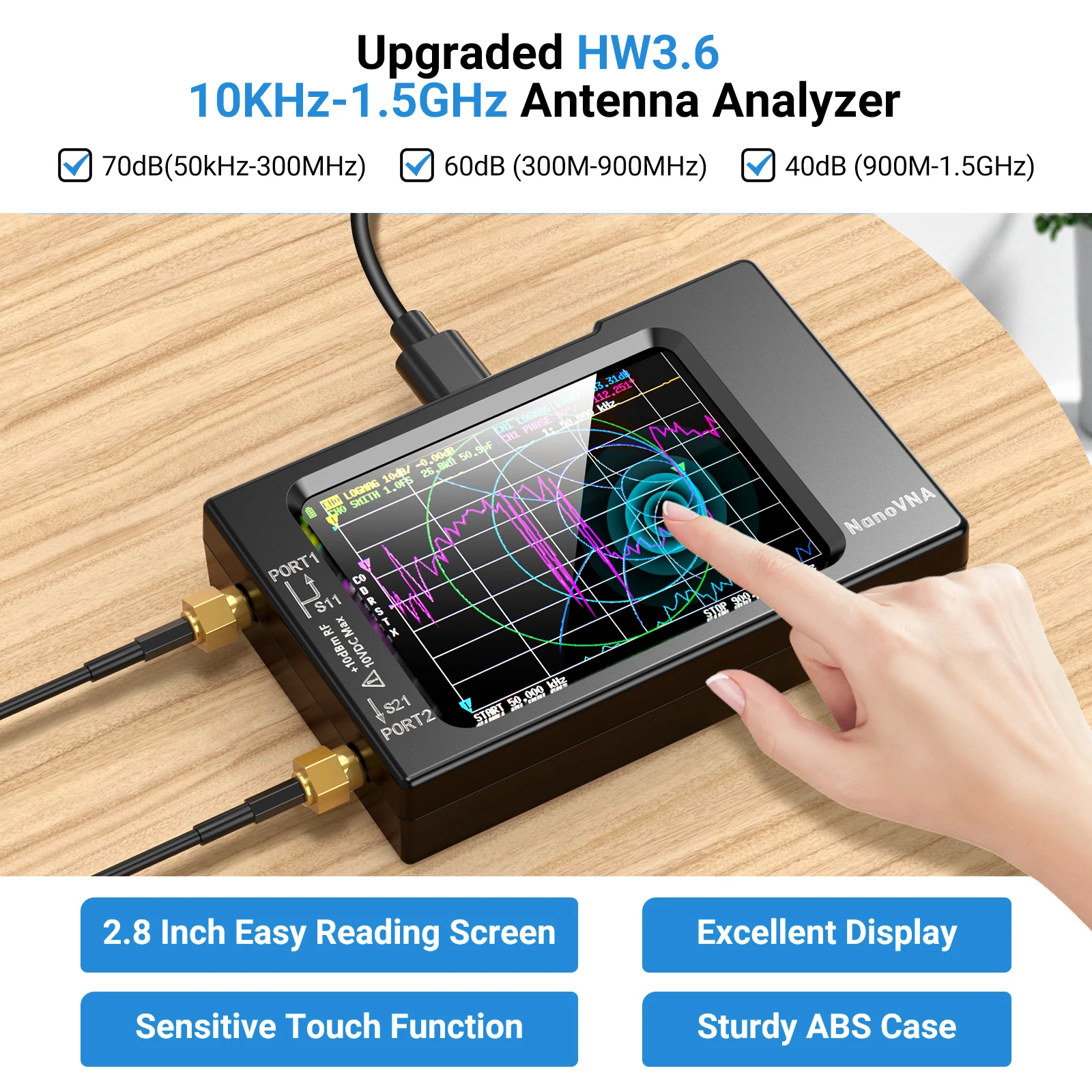 Network Antenna Analyzer, NanoVNA-H Vector10KHz-1.5G HzMF HF VHF UHF with Shell Voltage Standing Wave Ratio, Phase, Delay,Smith