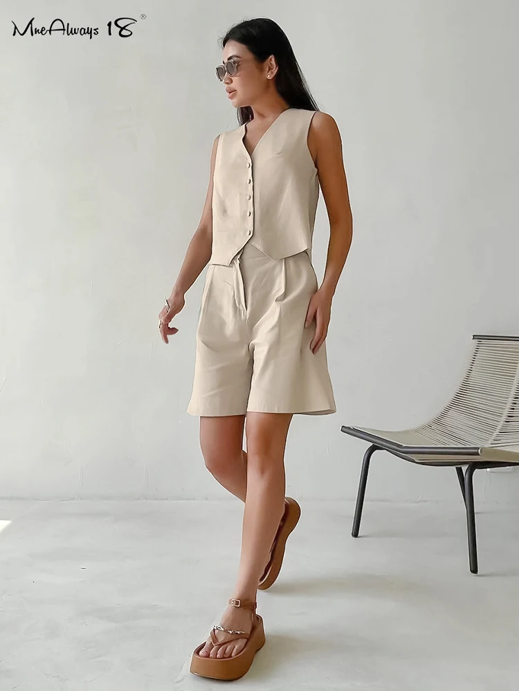 Mnealways18 Khaki Cotton Linen Shorts Sets Two Pieces Women Sets Blazers Tops Summer 2024 Office Ladies Black Wide Legs Shorts