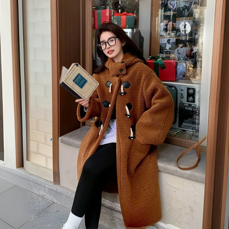 New Autumn Winter Environmentally Friendly Lamb Wool Coating Fur Coating Women's Knee Medium Long Hooded Fashion Exquisite Trend