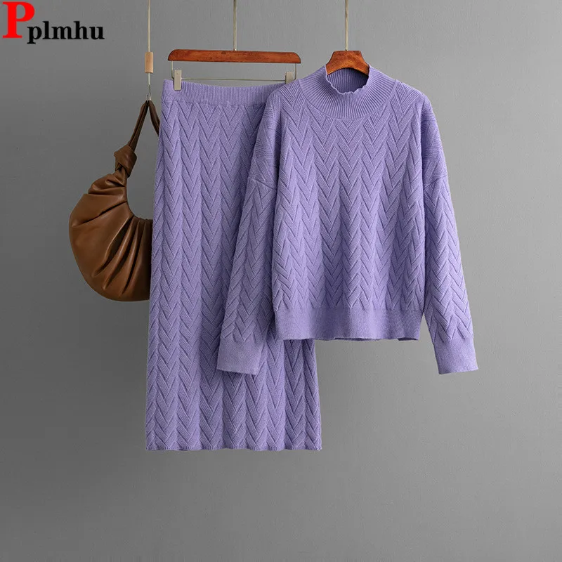 

Осень-зима, новые вязаные комплекты из 2 предметов, женская полуводолазка, однотонный свитер, пуловер, топы, Conjuntos, корейские юбки с высокой талией, наряд