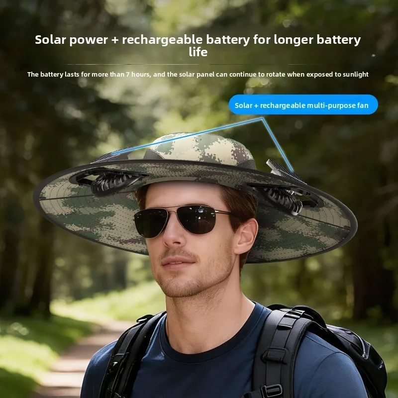Solar Fan Hat for Outdoor Work Summer UV Protection Fishing Cap Lightweight Bucket Hat for Garden Hands Free Sun Shade Headwear view 2