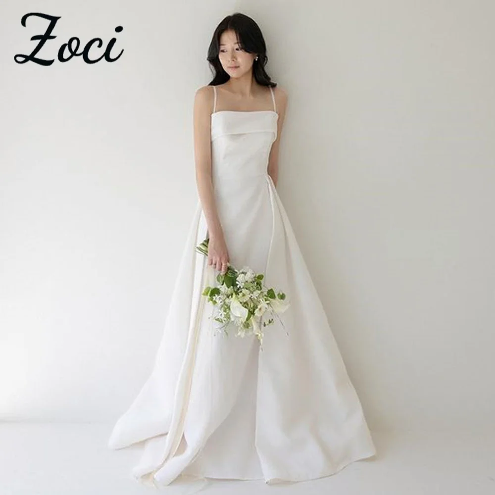 

Zoci Satin Strapless Wedding Dresses Mermiad Spaghetti Strap Korea Bridal Gown Sweep Train Sleeveless Photo Shoot Gown for Bride