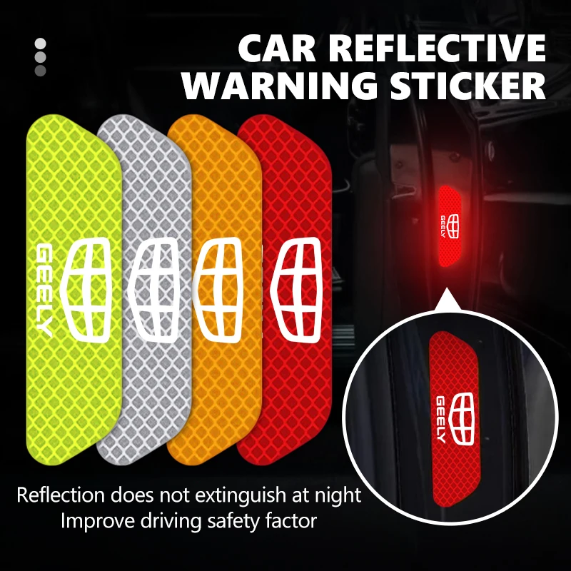 4Pcs GEELY Car Door Reflective Warning Stickers Night Safety Visibility Decals