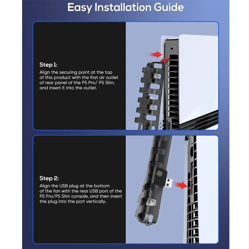 Automatische koelventilator voor PS5 Pro/PS5 Slim, USB 3.0-poort, 3 snelheden instelbaar, met LED-licht Stil en efficiënt koelsysteem
