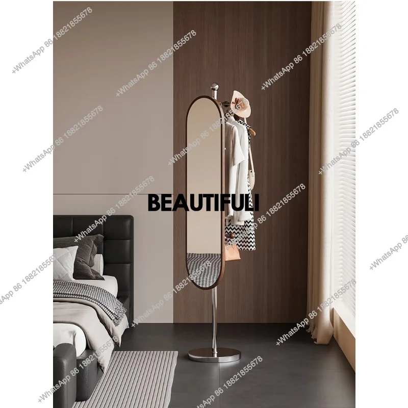 Bedroom household floor-to-ceiling coat rack Rotatable full-length mirror Walnut hanger integrated