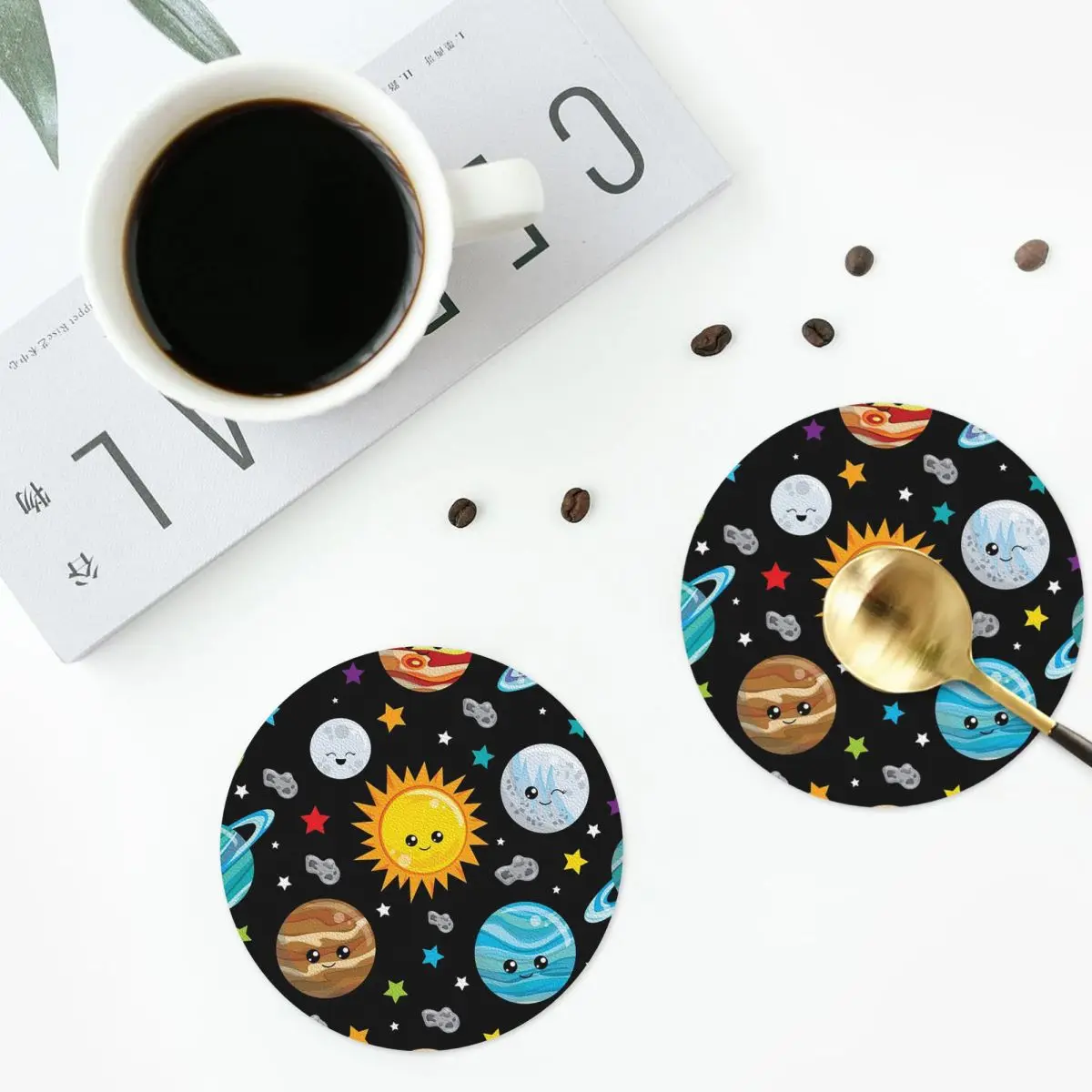 Kawaii Planets Cute Solar System Coasters Kitchen Placemats Insulation Cup Coffee Mats For Decor Home Tableware Pads Set of 4