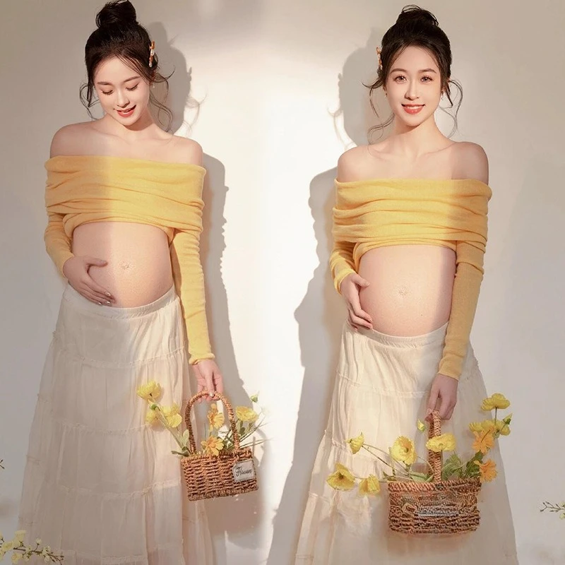 

Женские платья для беременных, осенне-осенний желтый вязаный топ с открытыми плечами и белой юбкой, 2 предмета, одежда для студийной фотосессии