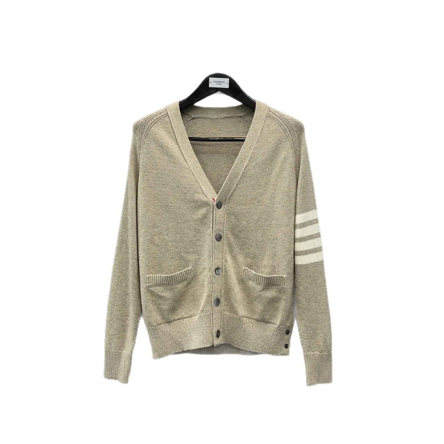 Men's And Women's Classic Striped Khaki Woolen Sweater Five Buttons Open Cardigan Thi Long Sve Knittedwear for Daily Use