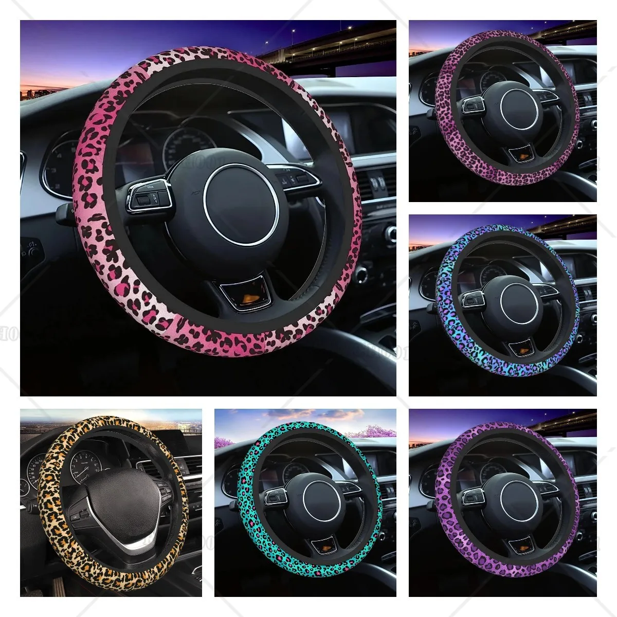 

Leopard Pattern Pink Steering Wheel Cover Women Universal 15 Inch Cute Car Accessories Stretch on AntiSlip Breathable Protector