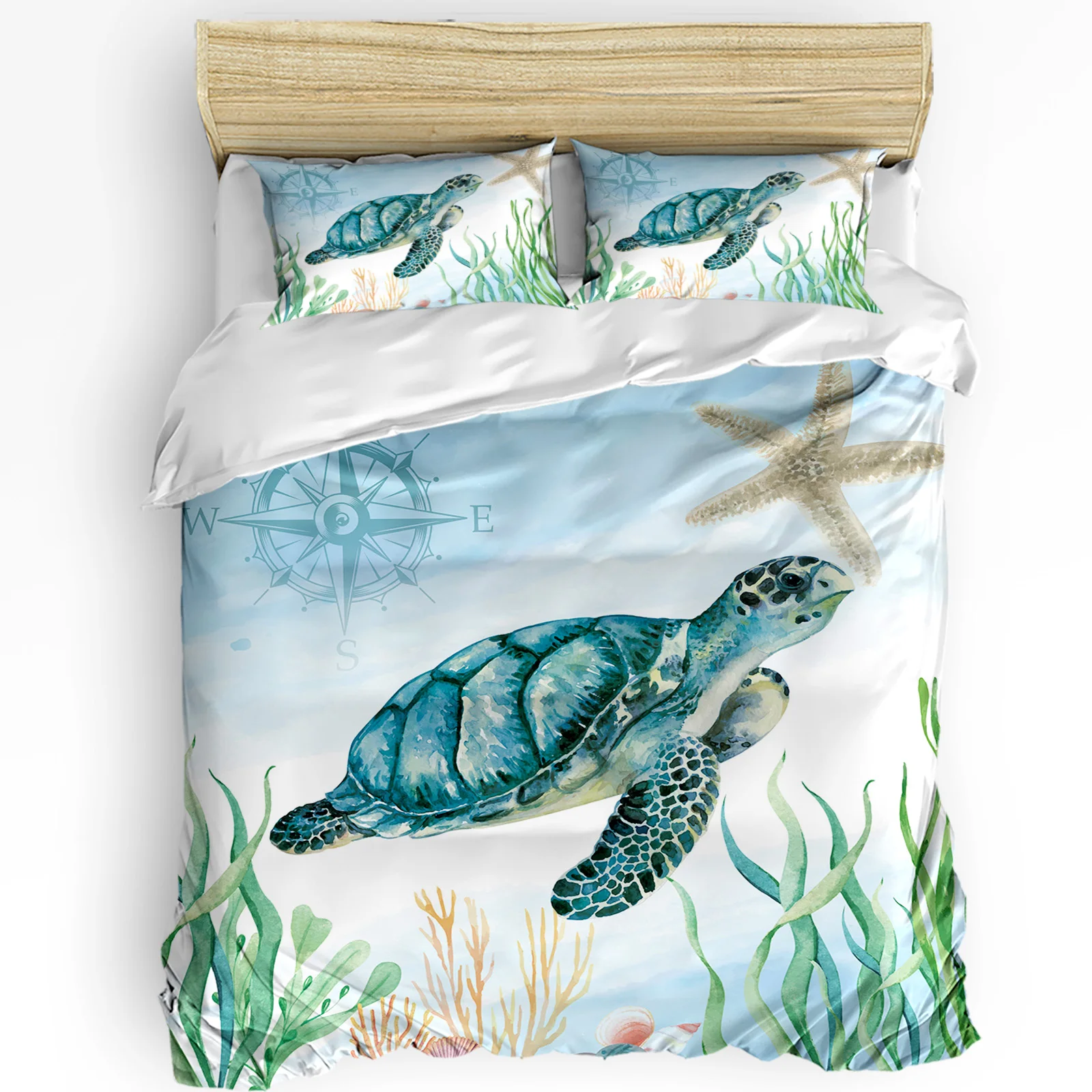 Nautical Theme Sea Turtle Starfish Compass Duvet Cover with Pillow Case 3pcs Bedding Set Quilt Cover Double Bed Home Textile