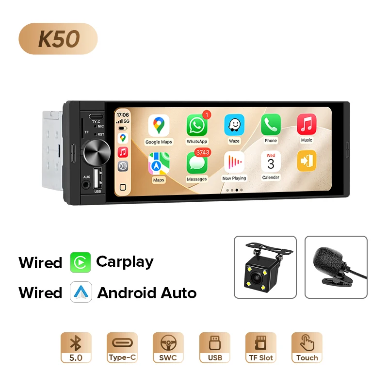AINAVI K40 K50 Universele Autoradio 1 Din Carplay Draadloos Android Auto Auto Multimedia MP5 HD IPS Touchscreen USB TYPE-C BT 5.0
