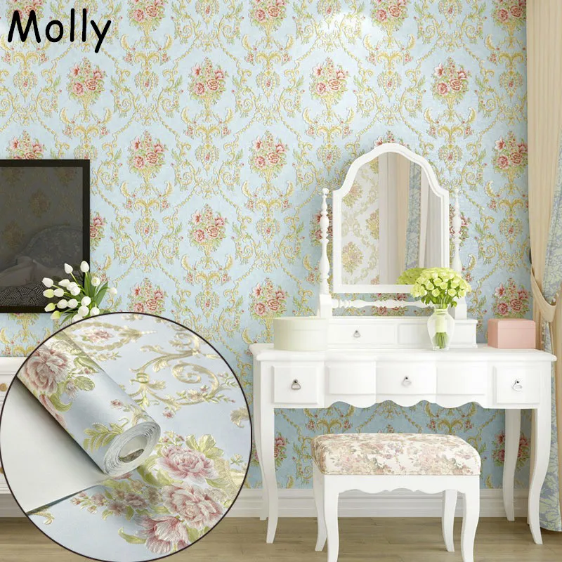 1 Roll 3D Floral Wallpaper Vintage Self-Adhesive Removable Pink and Golden Flower Pattern for Bedroom and Living Room Decor