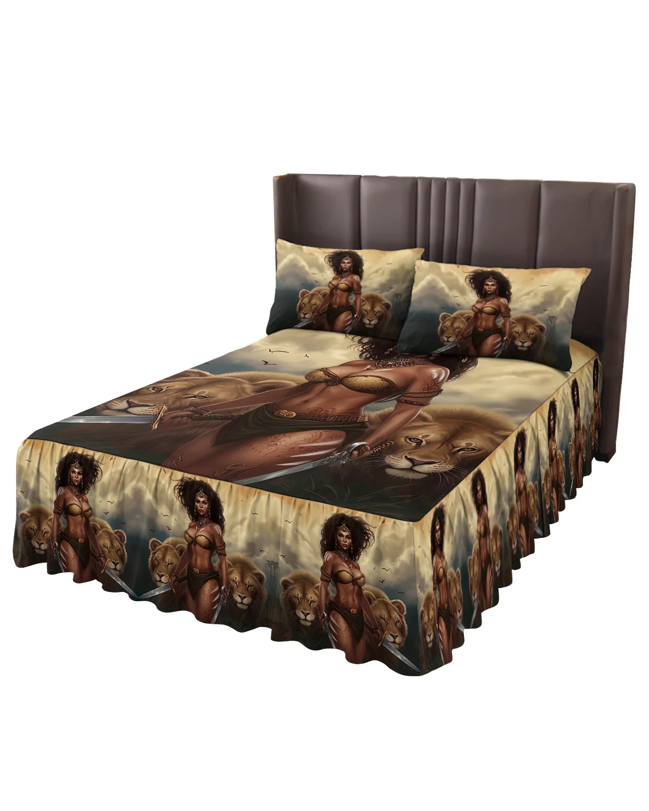 African Savanna Woman Lion Bed Skirt Elastic Fitted Bedspread With Pillowcases Mattress Cover Bedding Set Bed Sheet