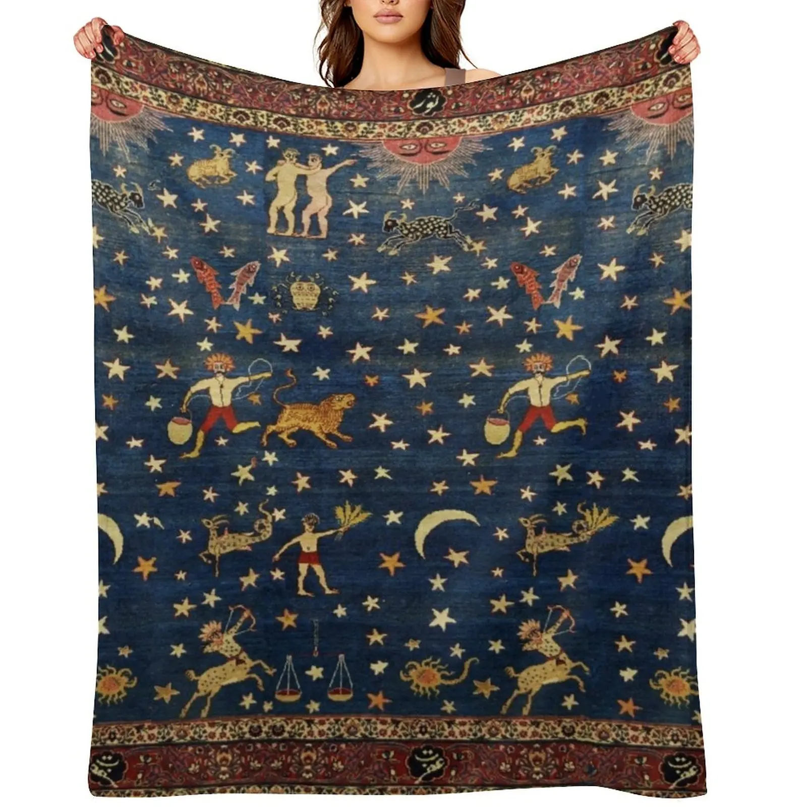 ANTIQUE PERSIAN CARPET WITH ZODIACAL SIGNS,STARS IN BLUE SKY Throw Blanket Soft Furry Blankets For Baby Designers Blankets