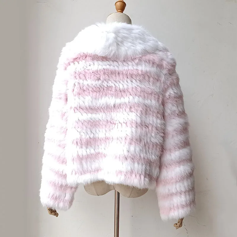 Women Winter Knitted Real Rabbit Fur Coat Long Sleeve Genuine Fur Jacket Outwear Striped Causal Loose Female Jackets