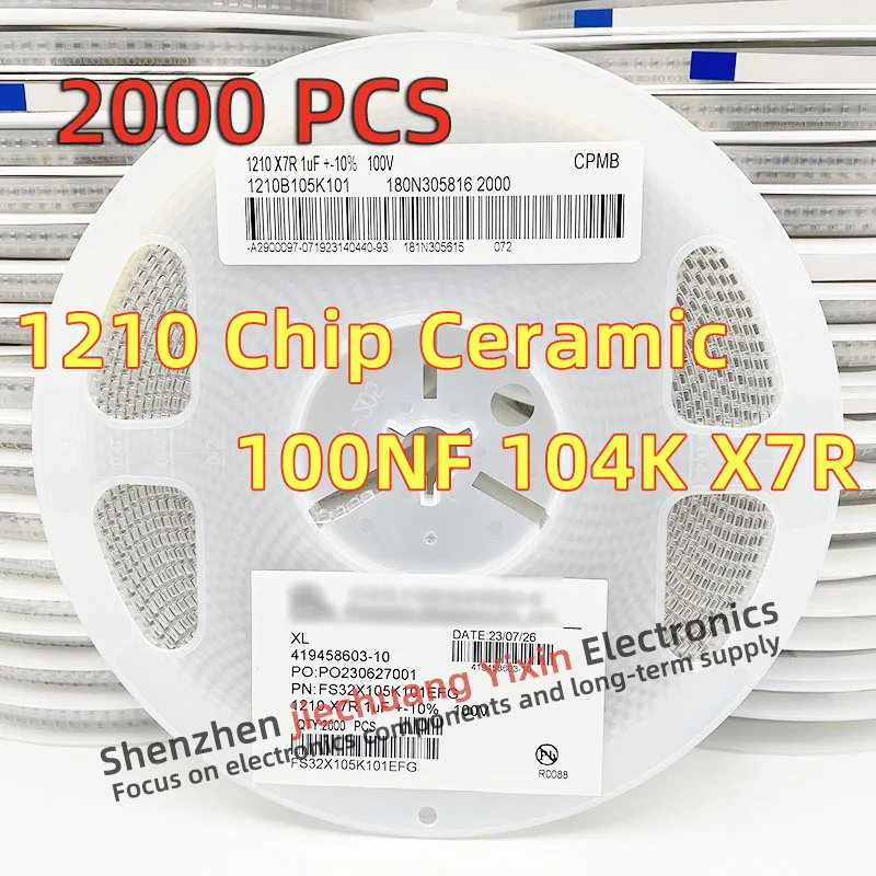 

Chip Ceramic Capacitor 1210 100NF 100V 250V 500V 630V 104K 10% accuracy X7R material 3225 Capacitance 2000pcs