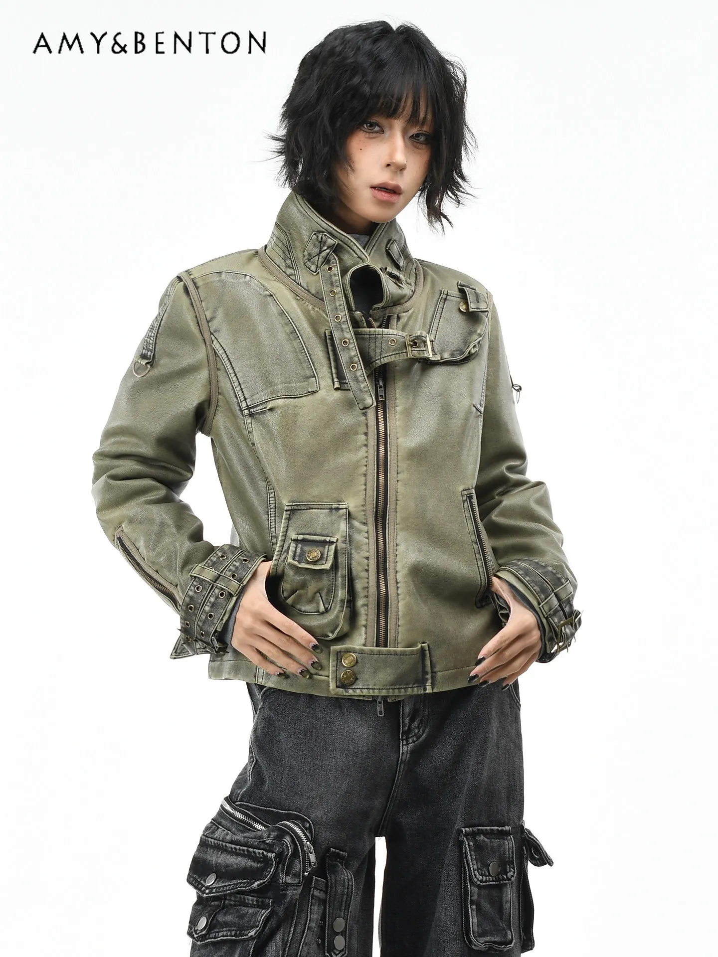 Outono inverno estilo punk americano gola workwear jaqueta de algodão verde para mulheres rebites cinza jaqueta de couro do plutônio