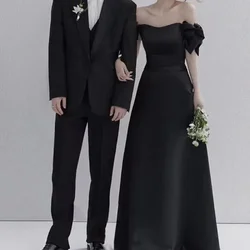 Vestido de noite preto cetim com arco doce, fora dos vestidos de casamento do ombro, até o chão, linha A, simples, elegante, novo