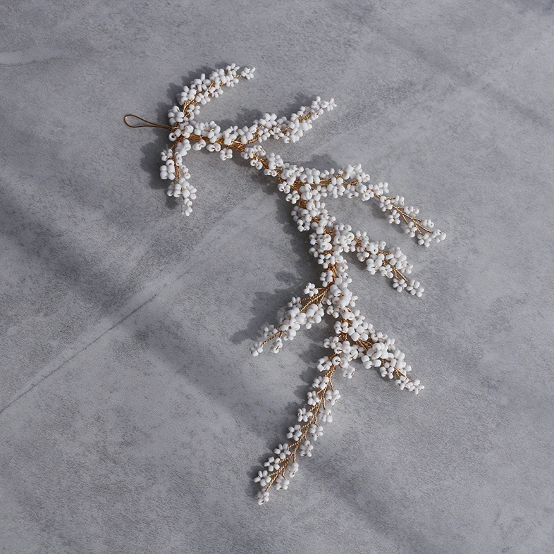 Wedding Hair Vine Piece White Floral Beads Bridal Headband Gold Silver Color Handmade Women Accessories