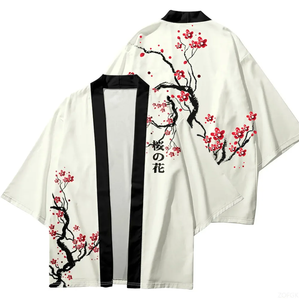 Kimono tradicional japonés con cuello abierto para hombre y mujer, Kimono Harajuku con estampado de flores de cerezo, Cosplay, Kimono de playa para mujer