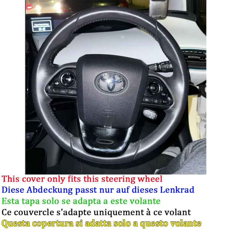 Full Black Leather Blue Marker Car Steering Wheel Cover for Toyota Prius IV Prius Prime Mirai 2015-2024