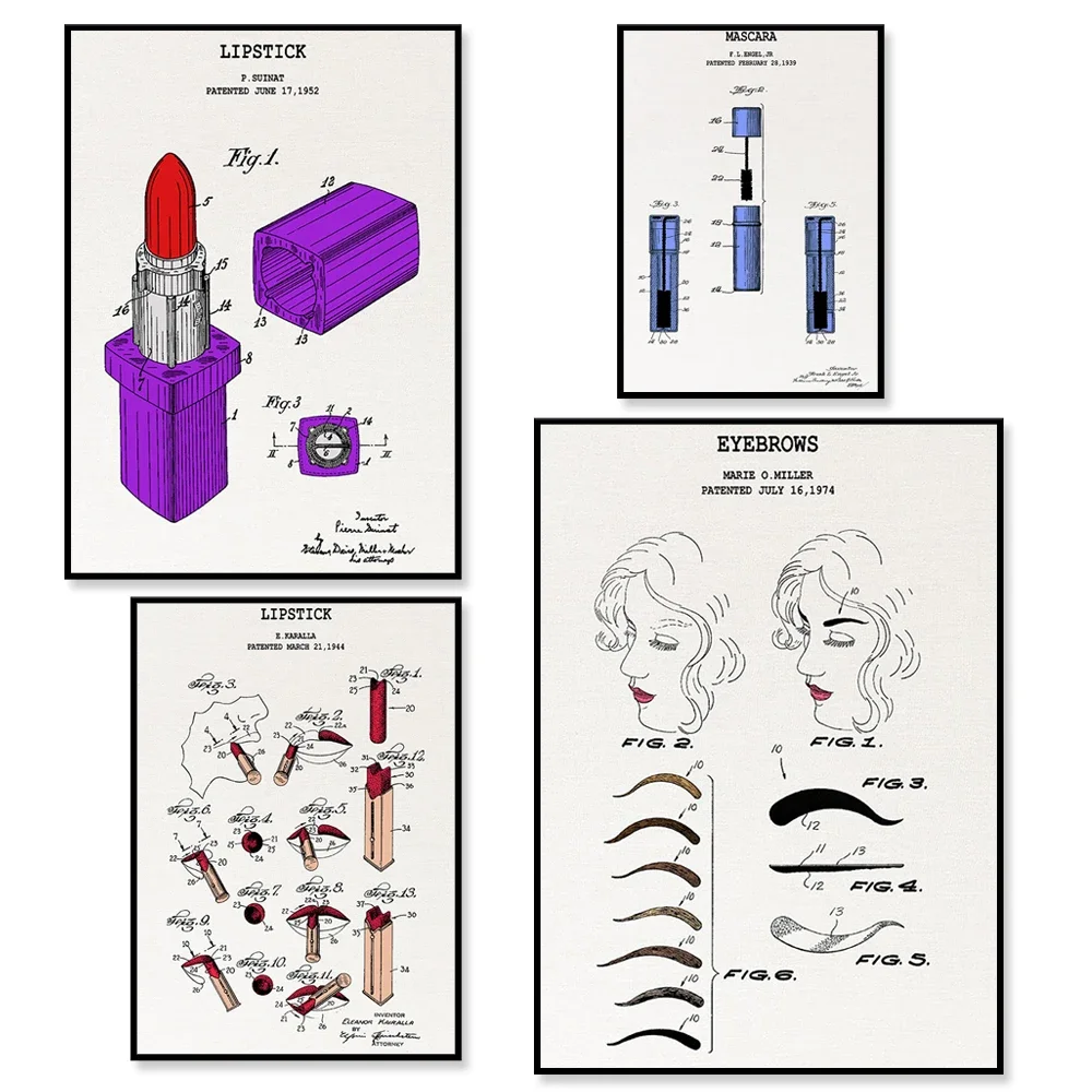 Eyebrows, lipstick, mascara patent, beautician beauty salon decoration, makeup artist gift fashion colorful patent print poster