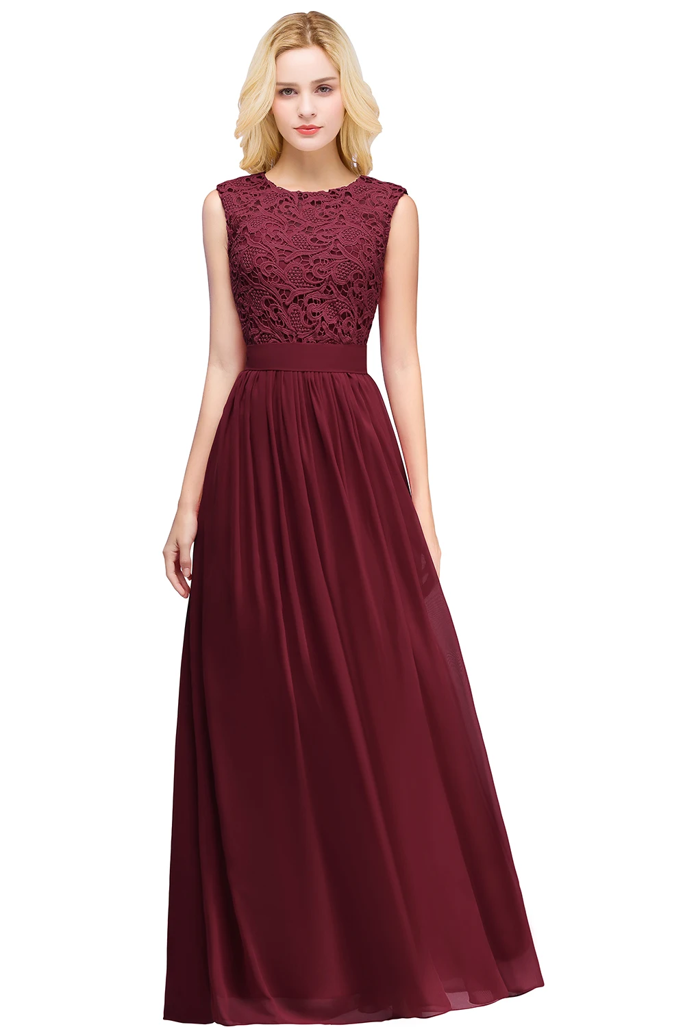 BABYONLINE Burgundy Chiffon Bridesmaid Maxi Dresses Elegant Lace Long Wedding Party Guest Evening Prom Gowns Formal Occasion