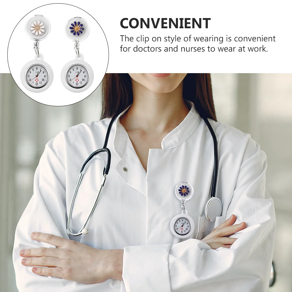 2pcs Pocket For Nurses Clip- Timepiece Portable Retractable Nurse Watch Flower Pattern Chest Watch Gift For Doctors