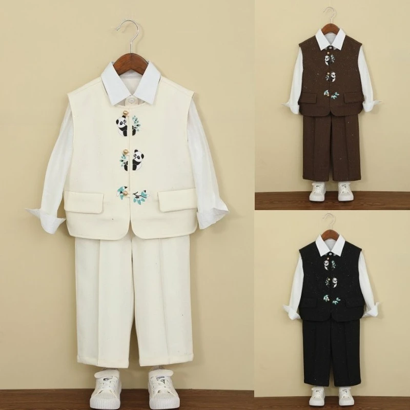 Neues chinesisches Westenanzug-Set für Jungen mit Panda-Bambus-Stickerei in Cremeweiß und weiter Hose, Bühnenoutfit für Teenager und Kinder.