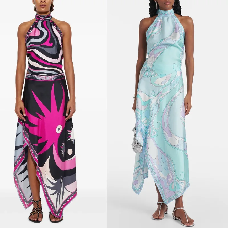 Women's Halter Neck Satin Maxi Dress Sleeveless High Neck Asymmetrical Hem Printed Summer Party Long Gown