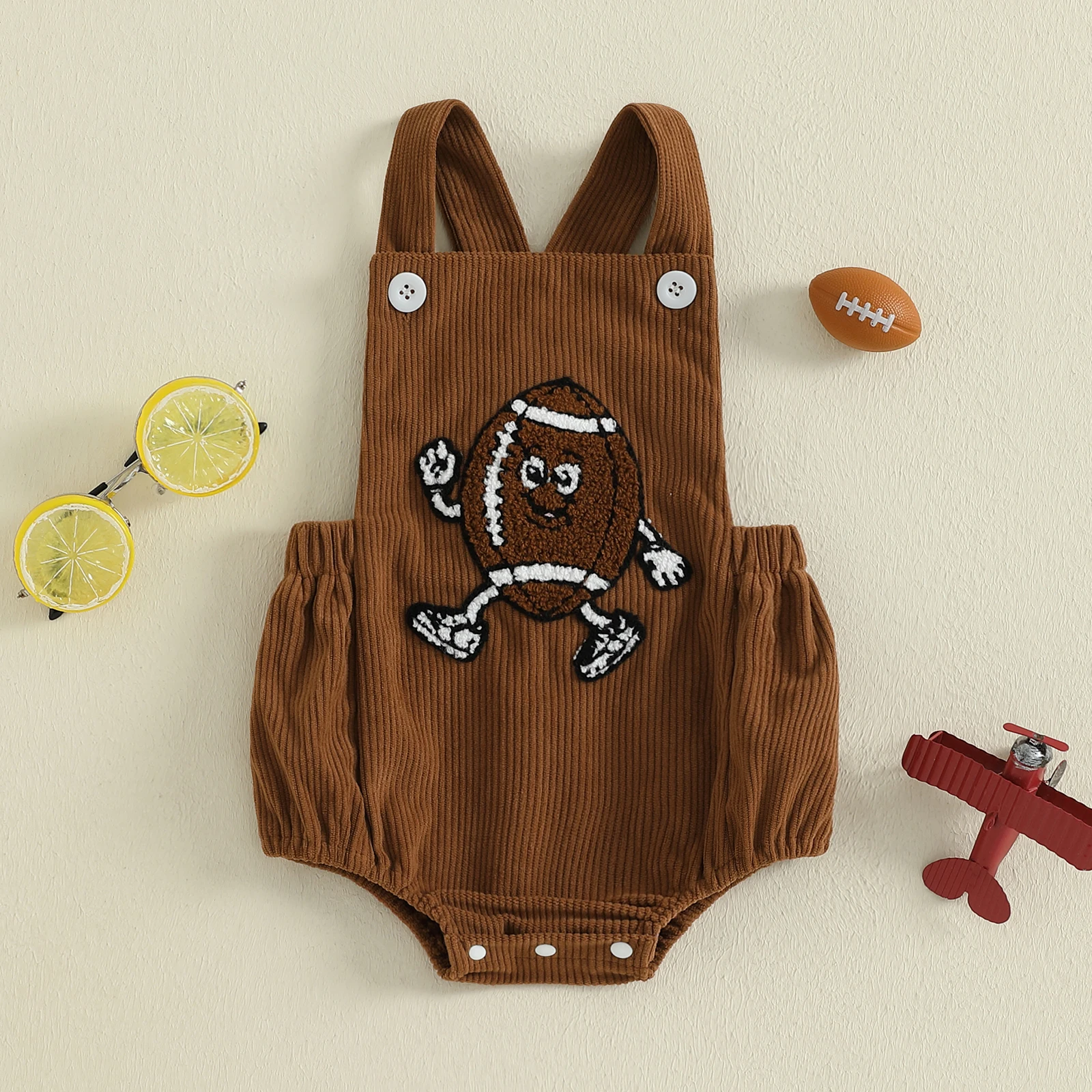 

Newborn Baby Boy Football Rompers Adorable Strap Style Corduroy Sleeveless Rugby Embroidery Shorts Backless Jumpsuit