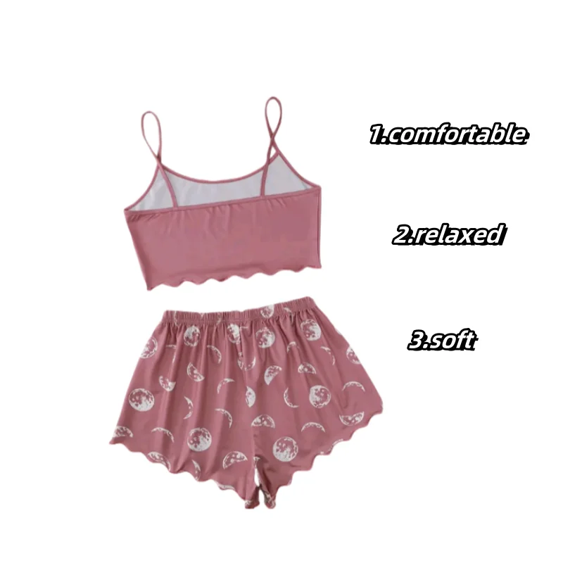 2 PCS Women Pajama Sleepwear Pajama Set Short-Sleeved Shorts Suit S M L Moon Star Print Ventilate Soft Comfort Home Leisure